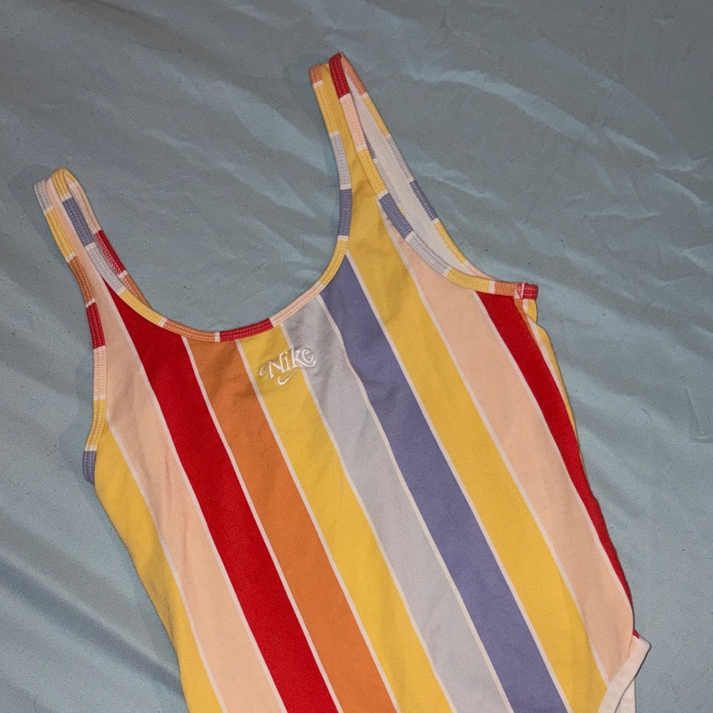 Nike White Scoop Bodysuit with Pastel Rainbow Trim